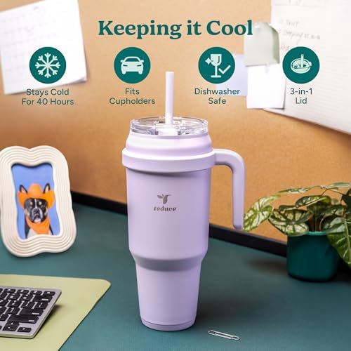 Reduce Reusable 50 oz Cold1 Water Tumbler – Ergonomic Handle – Double-Wall Insulation – Sturdy Desktop/Tabletop Mug with Lid and Straw -BPA-Free –Stainless Steel for Gym, Home, Office– Gentle Lavender