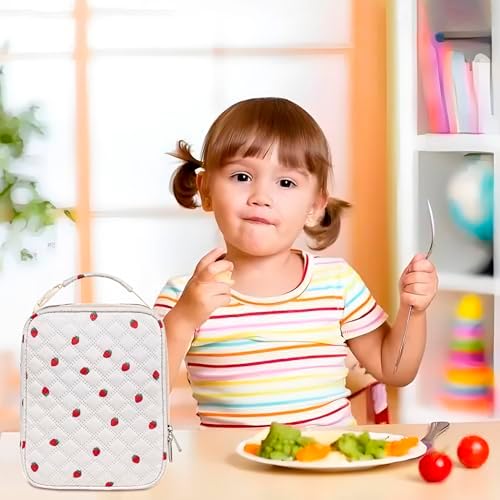TuErCao Cute Strawberry-Print Lunch Box Kids for School, Compact Reusable Tote LunchBox for Girls for School, Office, Picnic, Lightweight Small Lunch Bag Fits Bento Boxes, Snack and Foods