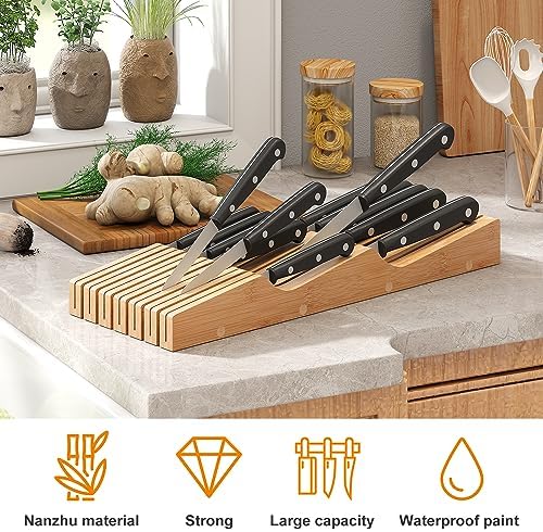 In-Drawer Knife Block Organizer - Bamboo Wood Drawer Knife Organizer-Protecting Knife Organizer Block (Not Included) (Natural, 13 Knives Dock)