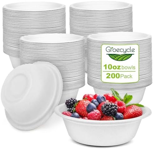10 oz Paper Bowls Disposable Heavy Duty, 200 Pack, White Sugarcane