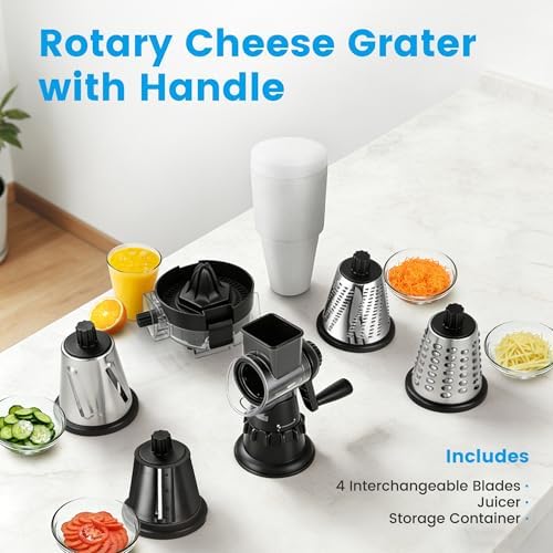 Rotary Cheese Grater Hand Crank, Vegetable Slicer with 5 Blades, Stable Suction, Labor-Saving Handle, Cheese Shredder for Potato Vegetables Nuts Chocolate, Black