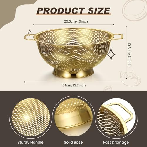 Norme 4 Quart Gold Colander and 3 Metal Fine Mesh Strainer Set
