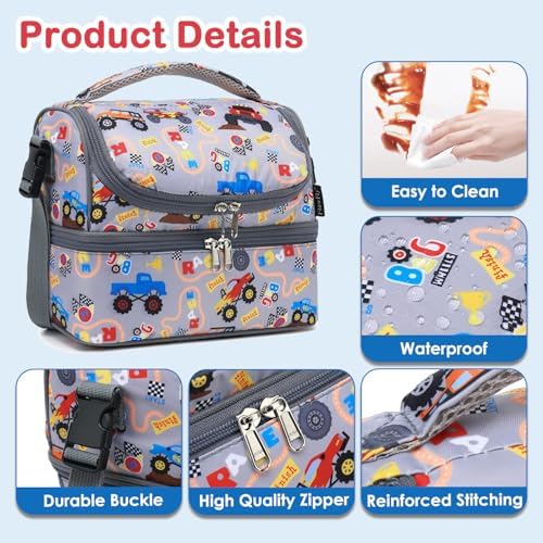 FlowFly Double Decker Cooler Insulated Lunch Bag Large Tote for Boys, Girls, Men, Women, With Adjustable Strap (Truck)