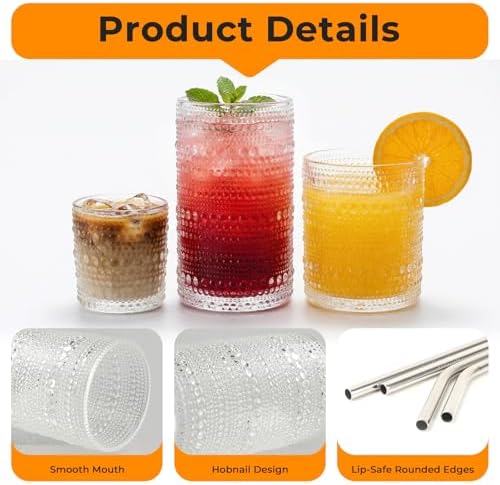 CycleMore 12Pc Vintage Hobnail Drinking Glasses, 12oz 10oz 4oz Clear Cup