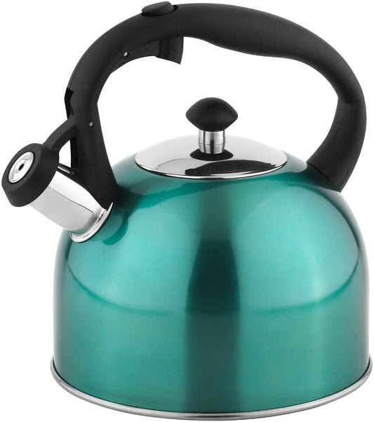 Amazon Basics Stainless Steel Whistling Tea Kettle, Fast Boiling for Tea and Coffee, Food Grade, Ergonomic Handle, 2.3 Liter, Teal