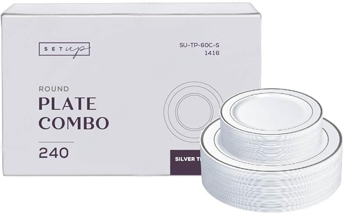 SETUP 240 Piece Combo White Silver Rimmed Plastic Plates - Premium Heavy-Duty for Party and Wedding, 120 Disposable 10.25" Dinner and 120 7.5" Salad Plates