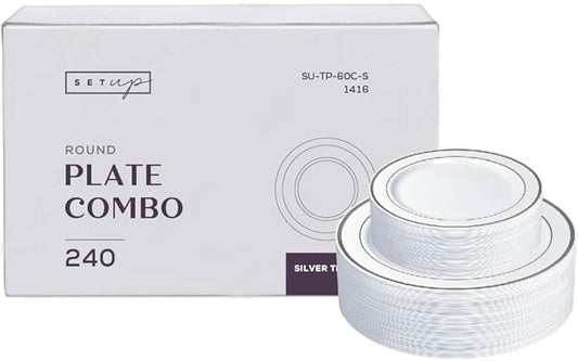 SETUP 240 Piece Combo White Silver Rimmed Plastic Plates - Premium Heavy-Duty for Party and Wedding, 120 Disposable 10.25" Dinner and 120 7.5" Salad Plates