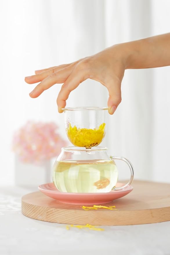 Mushroom Tea Cup Set, Cute Glass Tea Cups and Saucers, Kawaii Tea Cup with Infuser for Loose Leaf Tea Steeper, Coffee Mug Christmas Gifts for Women,Tea Infuser Mug with Lid for Mother Girls (Yellow)