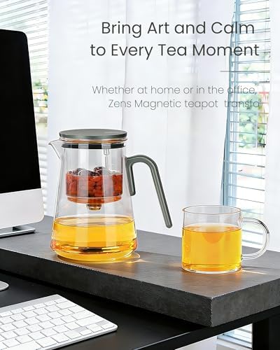 ZENS Magnetic Glass Infuser Teapot with 2 Cups for Loose Tea Steeper, 34oz