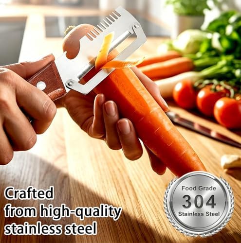 2 Pack Multi-Functional Vegetable Peeler, 3 in 1 Multi Functional Wooden Handle Peeler and Bottle Opener, Kitchen Gadgets Tool for Fruit Pumpkin Peeling Potato Carrot Veggie Peeler