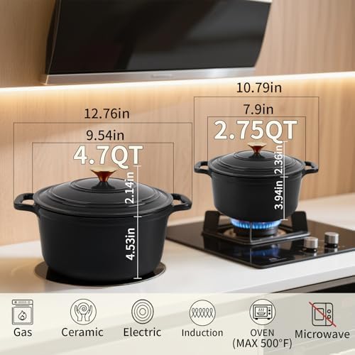 Enamel Cast Iron Dutch Oven with Lid, Round Casserole Pot for Bread Baking, Braising, Roasting, and Stews, Heavy-Duty, Oven Safe, Induction Compatible (4.7QT,Grey)