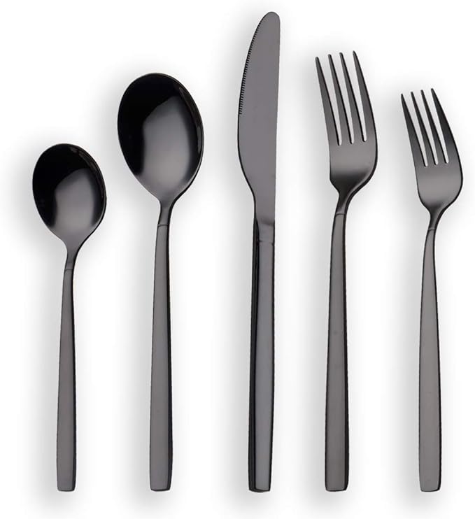 Berglander 20 Piece Titanium Black Plated Stainless Steel Flatware Set, 20 Pieces Silverware Set, Cutlery Set, Service for 4 (shiny Black)