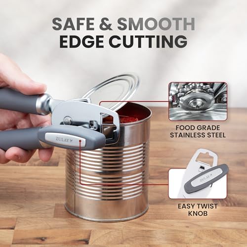 Zulay Kitchen Manual Can Opener Heavy Duty Patented Stainless Steel, Gray