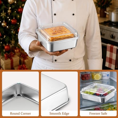LIANYU 6 x 6 Square Cake Pans with Lid, Stainless Steel Lasagna Brownie Pan
