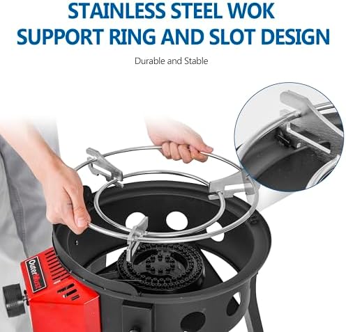 OuterMust Outdoor Cooker Wok Station with Cover, Iron Wok, Electronic Ignition & Adjustable Support Stand, 54000 BTU Burner for BBQ, Backyard