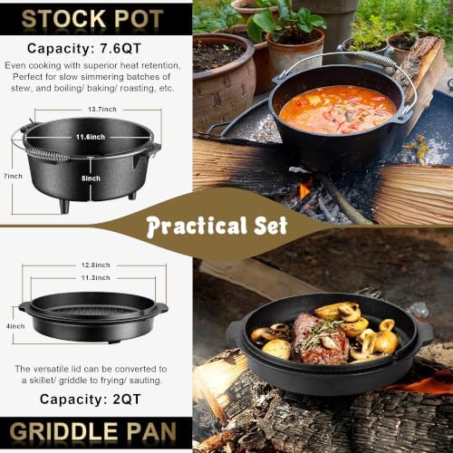 Joyfair Pre-seasoned Cast Iron Camp Dutch Oven, 7.6QT Pot & 2QT Skillet Lid