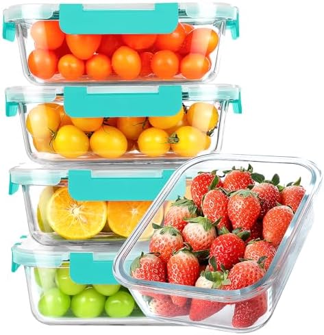 KOMUEE 30 oz 5 Pack Glass Meal Prep Containers with Lids, Green