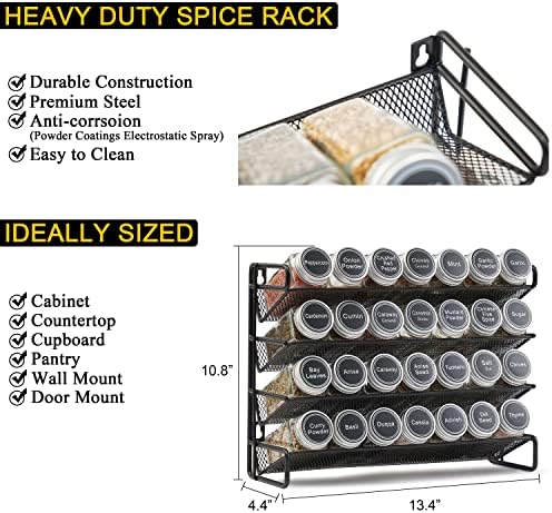 SpaceAid Spice Rack Organizer with 28 Spice Jars, 386 Spice Labels, Chalk Marker and Funnel Set for Cabinet, Countertop, Pantry, Cupboard or Door & Wall Mount - 28 Jars, 13.4" W × 10.8" H, Black