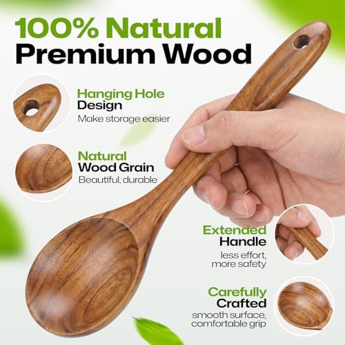 AIUHI Wooden Mixing Spoon, Teak Wooden Spoon for Cooking, Serving & Mixing, Non-Stick Safe Wooden Cooking Spoon, Essential Wooden Utensil for Kitchen