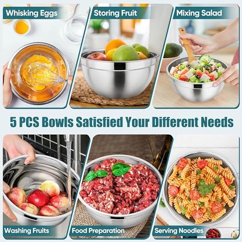 P&P CHEF Metal Mixing Bowls with Lids Set, Airtight Lids & Blue