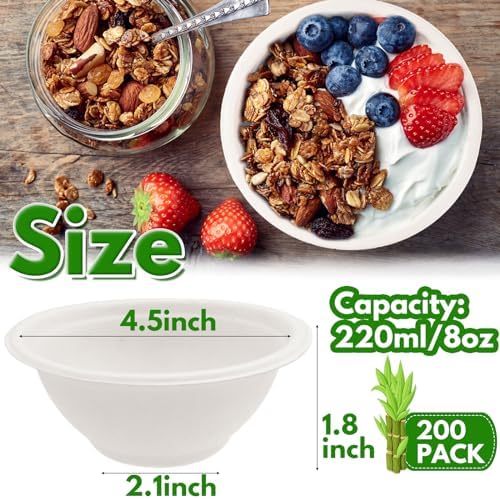 Tiaiidi 200 PACK White Paper Bowls,8 oz Compostable Disposable Bagasse Bowls,Heavy-Duty Biodegradable Paper Bowls,Eco-Friendly Sugarcane Fibers Bowls for Salad,Cereals,Snacks,Dessert,Candy