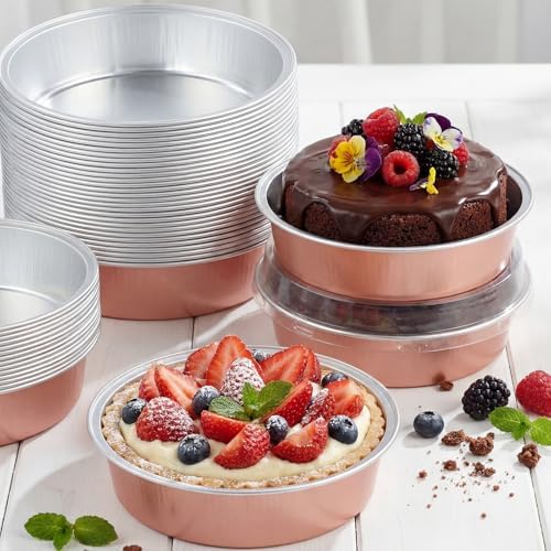 Yinder 8 oz Disposable Creme Brulee Ramekins with Lids, 4 Inch Mini Pie Tins Aluminum Foil Pie Tart Cake Baking Pans Individual Round Containers Oven Safe(Champagne Color,120 Pcs)