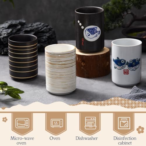 Qinyoung 4 Pcs Japanese Tea Cups Ceramic 10 oz No Handle, Pufferfish, Line