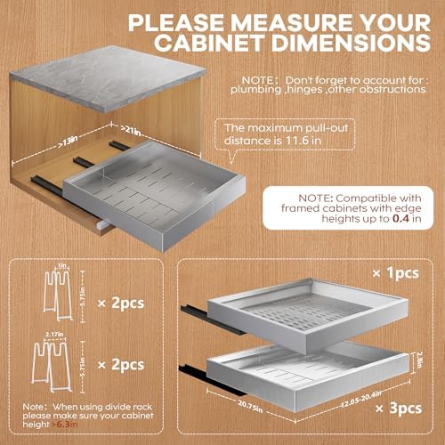 Seinloes 4 Pack Expandable Pull Out Cabinet Organizer 21"Deep With Raising Pad for Framed Cabinets,Slide Out Drawers With 4pcs Divider Racks,No Drill Roll Out Shelf,Adjustable Width 12.05"-20.4"Silver