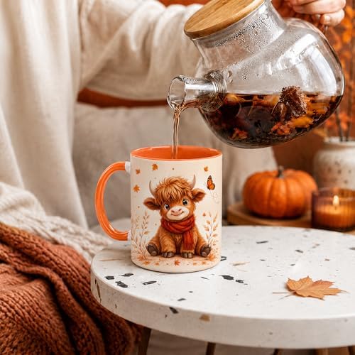 Hyturtle Highland Cow Coffee Mug, Cute Fall Maple Leaf Gift For Cow Lovers