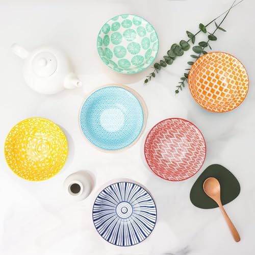 KitchenTour Ceramic Bowls Set - 30 oz Serving Bowls For Kitchen - Cereal, Ice Cream, Soup, Salad, Rice, Dessert Ceramic Bowls - Assorted Colorful Set of 6 - Microwave Dishwasher Safe - 7 Inch