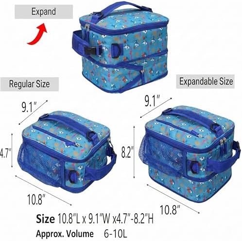 Expandable Lunch Box Kids,Cute Cartoon Insulated Lunch bag for Kids Boys Girls Portable Double-Capacity Lunchbox Special Design for school Picnic Outdoor
