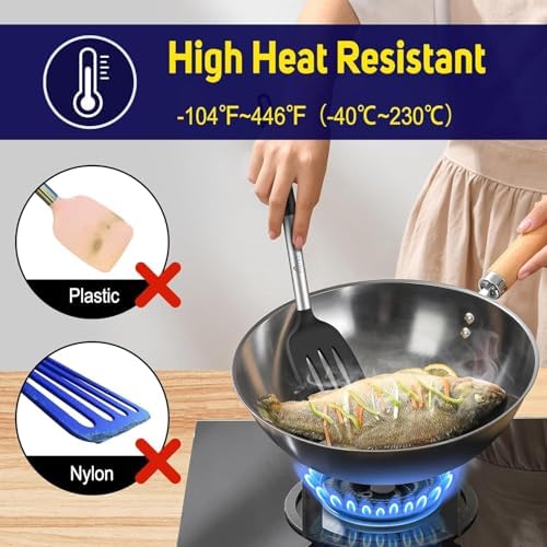 HOTEC Silicone Spatula Set of 2, High Heat-Resistant & BPA-Free Kitchen SaptulaTurner with Stainless Steel Handles, Slotted & Solid Spatulas for Nonstick Cookware, 13.7 Inch, Black