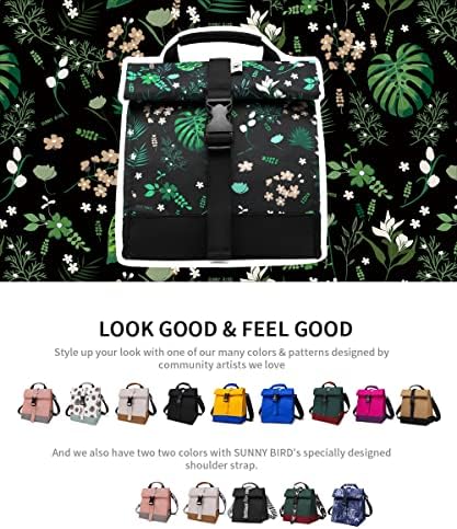 SUNNY BIRD Insulated Lunch Bag Rolltop Lunch Box (Floral & Foliage)