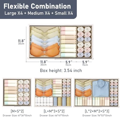 DIMJ Drawer Organizer Clothes, 12 Pack Dresser Organizer, Foldable Closet Organizers and Storage, Fabric Dresser Bins, Drawer Dividers for Nursery, Baby Clothes, Underwears, Sock (Beige)