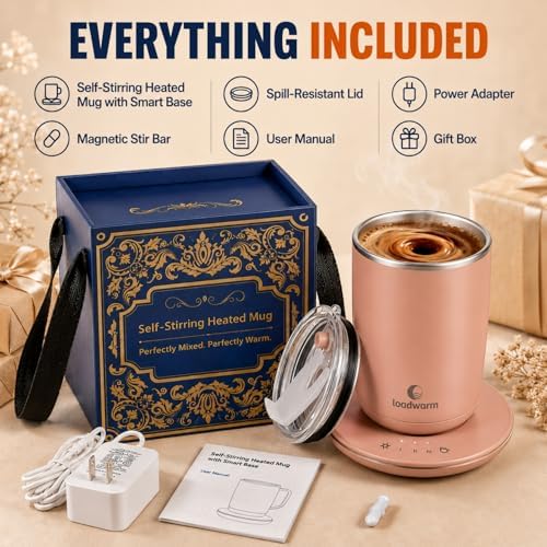 Self Heated Stirring Coffee Mug, 10oz Auto Mixing Cup with Warmer, Rose