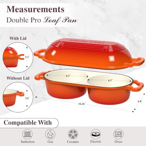 Umite Chef Complete Mini Double Dutch Oven Kit for Sourdough Bread – Enameled Cast Iron Bread Pan with Deep Dual Loaf Pots, Includes 5" Banneton Basket & Cotton Potholders, 500°F Oven Safe (Orange)