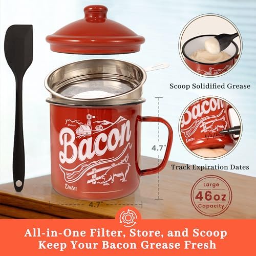 Ayerphalo 42oz Enamel Bacon Grease Container with Strainer, Farmhouse Red