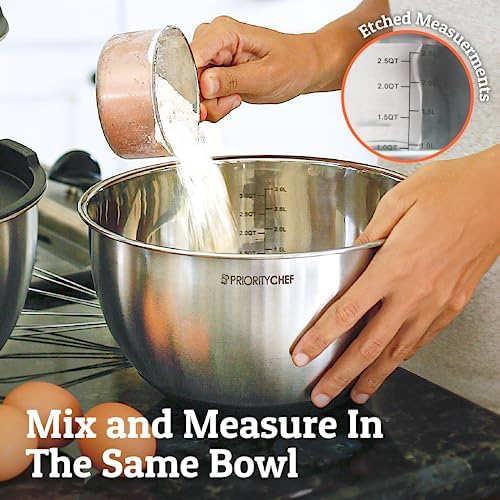 Priority Chef Premium Mixing Bowls With Lids Set, Airtight Lids, Thicker Stainless Steel, Non-Slip Base, 5 Nesting Steel Bowls for Kitchen, Large Prep Metal Bowl Set 1.5/2/3/4/5 Qt, Black