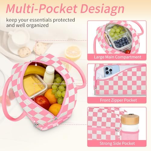 Coobiiya Corduroy Lunch Bag Lunch Box for Women Men, Cute Corduroy Lunch Tote Bags Insulated Reusable LunchBox Large Capacity Cooler Bag for Work Travel Picnic Pink