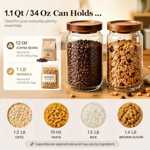 ComSaf Glass Jar with Acacia Wood Lid 34oz 1Pack, Food Storage Container | 1.1Qt Canister, Oats Coffee Sugar Pasta Candy Cookies Nut, Kitchen Pantry, Decorative, Countertop Display, Food-Grade, Label