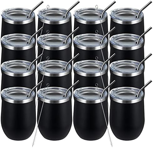 MEWAY 12oz Wine Tumbler 16 Pack Bulk Gifts for Women,Double Wall Vacuum Stainless Steel Travel Mug with Lid,Insulated Stemless Wine Cup Glass for Coffee,Cocktails,Drinks(Black,Set of 16)