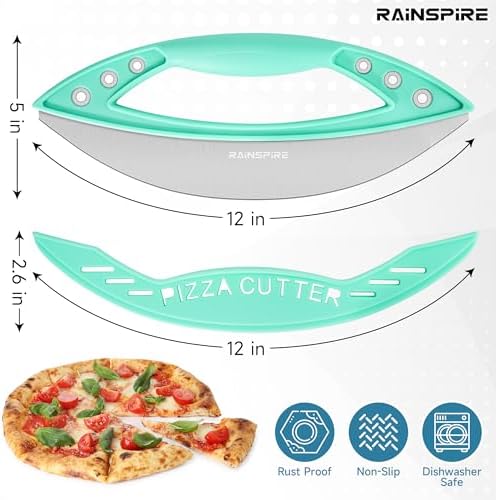 Rainspire 12" Pizza Cutter Rocker Blade Stainless Steel Pizza Rocker with Cover Sharp Blade Pizza Knife Dishwasher Safe Kitchen Gadgets Home Essentials, Mint Green