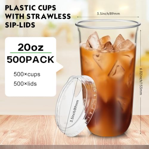 Baderke 500 Pcs Round Bottom Plastic Cups with Lids Clear Togo,20 Oz