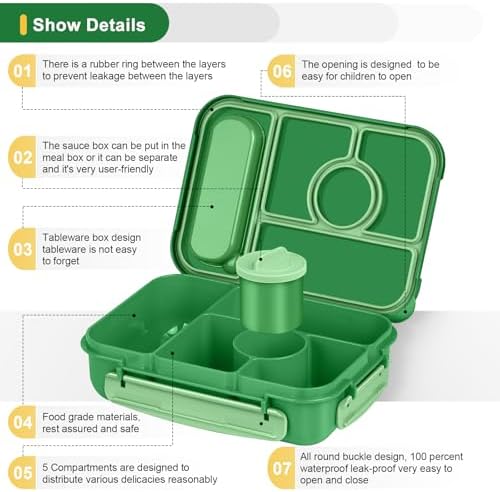 Amathley Bento Box Adult Lunch Box Kids,Lunch Containers for Adults/Kids/Toddler,5 Compartments Bento Lunch Box with Sauce Vontainers,Microwave & Dishwasher & Freezer Safe,BPA-Free (Emerald green)