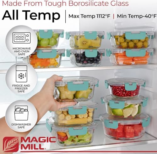 Magic Mill Premium Borosilicate Glass Food Storage Containers with lids Set | 24pc Sets with 12 Bowls & 12 Airtight Locking Lids for Lunch & Meal Prep, Safe for Oven, Freezer, Dishwasher, BPA-Free