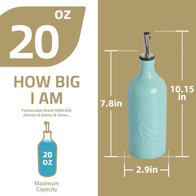 Sweejar Ceramic Olive Oil Dispenser Bottle 20 Oz Relief Opaque Oil Cruet Protects To Reduce Oxidation Suitable for Storage Vinegar, Soy Sauce, Coffee Syrup, Liquids, Set of 1 (White Gold Spout)
