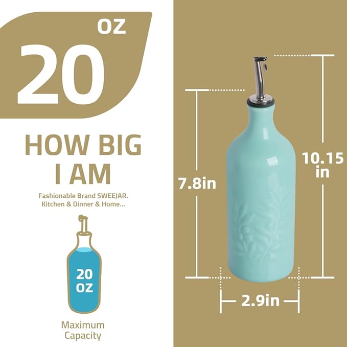 Sweejar Ceramic Olive Oil Dispenser Bottle, 20 Oz Relief Opaque Oil Cruet Protects Oil To Reduce Oxidation, Suitable for Storage Oil, Vinegar, Soy Sauce, Coffee Syrup, Liquids, Set of 1 (Beige)