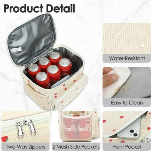 FlowFly Insulated Reusable Lunch Bag Adult Large Lunch Box for Women and Men with Adjustable Shoulder Strap,Front Zipper Pocket and Dual Large Mesh Side Pockets, Corduroy Strawberries Beige