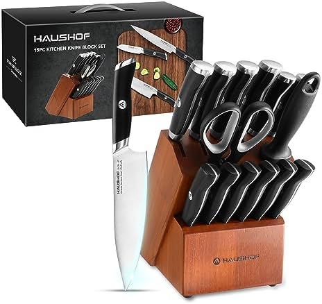 HAUSHOF 15-Piece Kitchen Knife Set with Block, 6 Knives & 6 Steak Knives