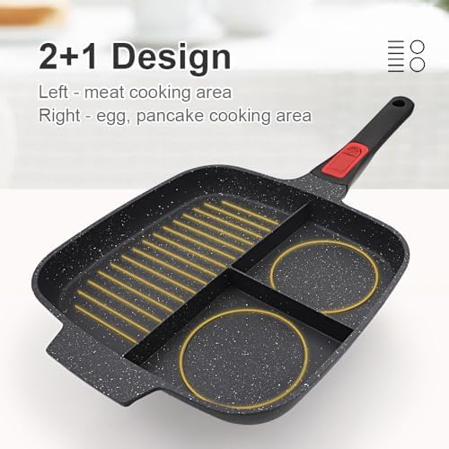Nonstick 3 Section Grill Pan for Stove Tops, Black